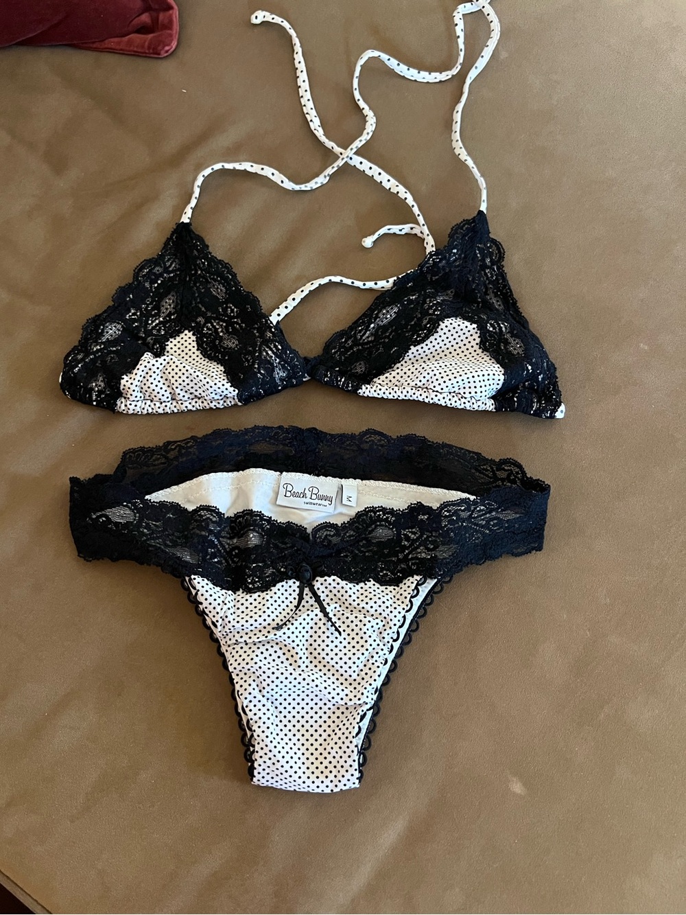 Beach Bunny Black & White Lace Polka Dot Bikini Set